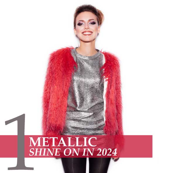Woman in a red furry coat with metallic sheen.