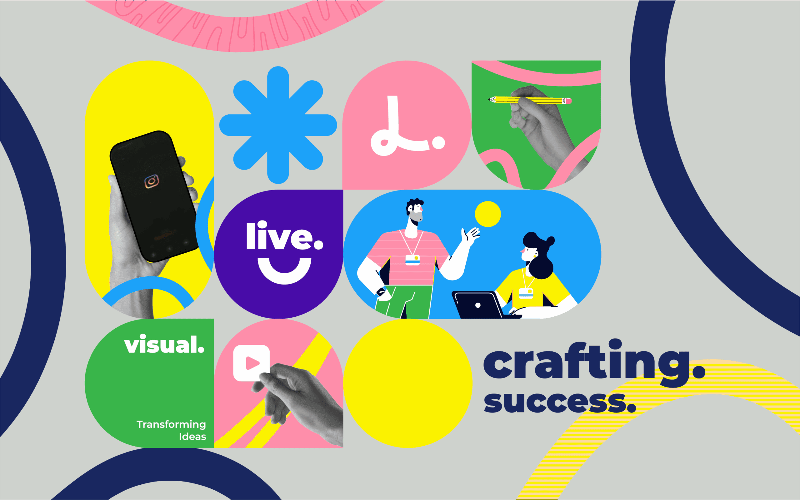 Colorful collage with icons, illustrations of people working on laptops, and words like ‘live’, ‘visual’, and ‘crafting success’, representing creative marketing strategy.