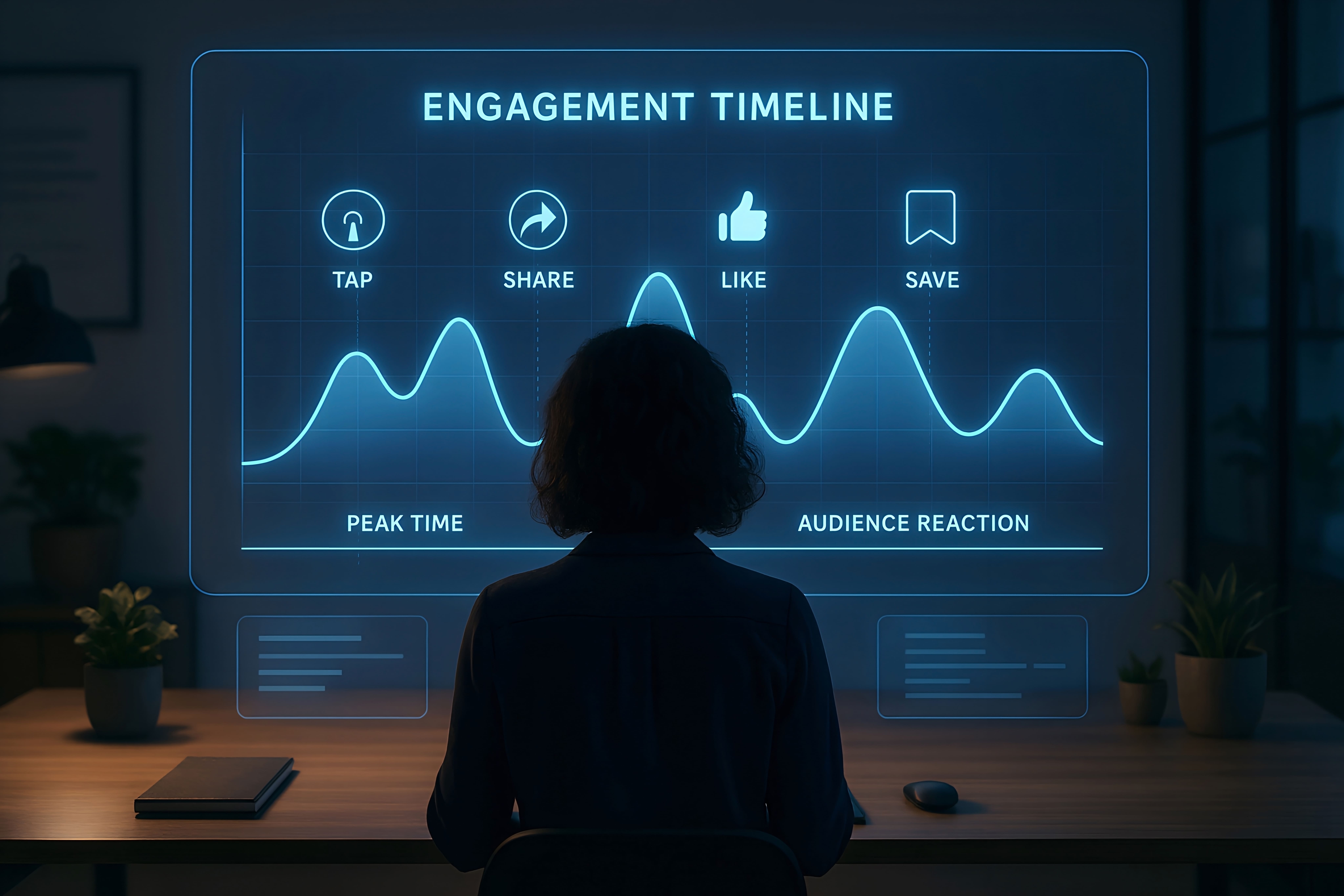 The Death of Hashtag Marketing (And What Actually Works Now) Person sitting at a desk in front of a glowing digital screen showing an engagement timeline with icons for likes, shares, saves, and peak posting times.