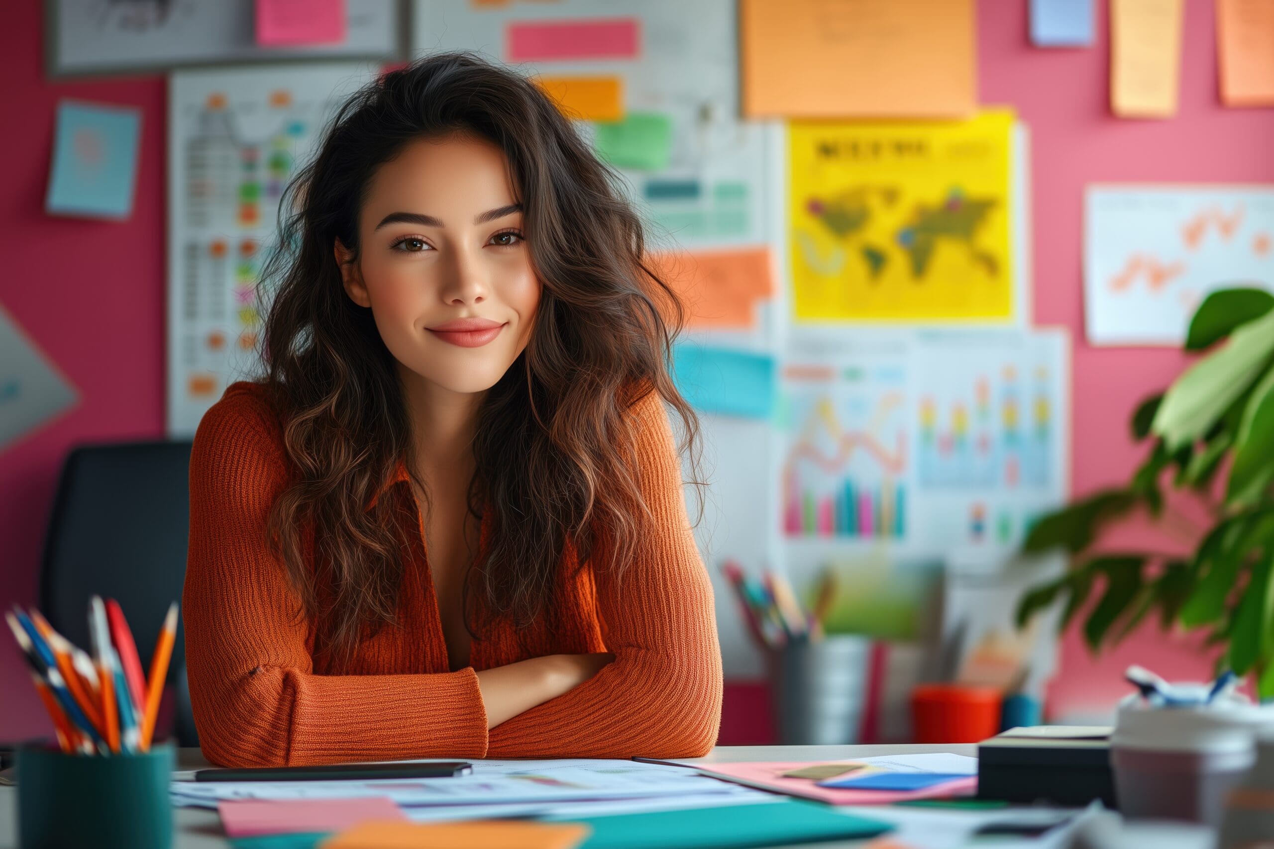 Confident young woman sitting at a desk in a colorful office with charts and graphs behind her, representing a creative marketing professional or content strategist.