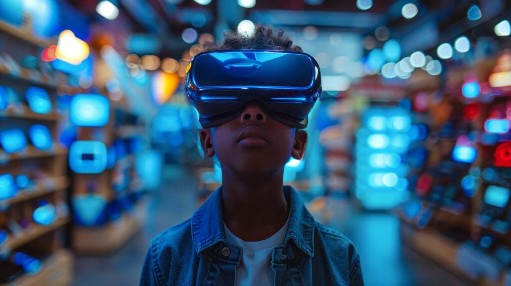 Retail Trends for Gen Z and Generation Alpha Gen Z child using virtual reality in a store, highlighting retail trends for Gen Z.