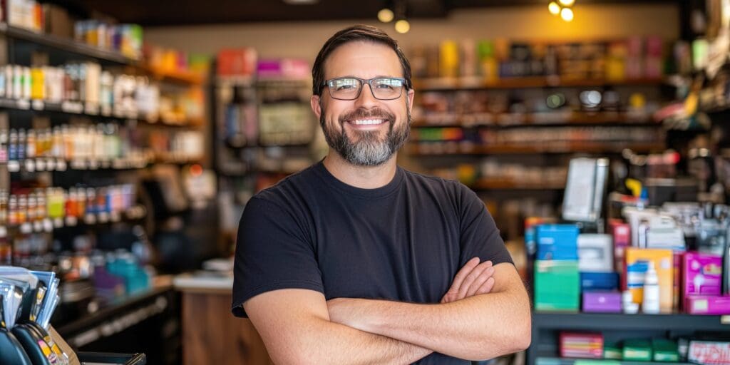 Independent store owner standing in shop, illustrating the human side of the tariff impact on retail