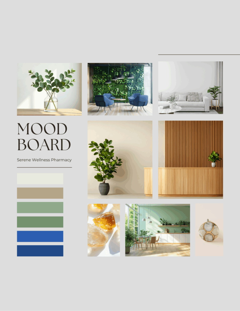 Grateful client project mood board created for Serene Wellness Pharmacy featuring natural textures, greenery, and calming design elements.