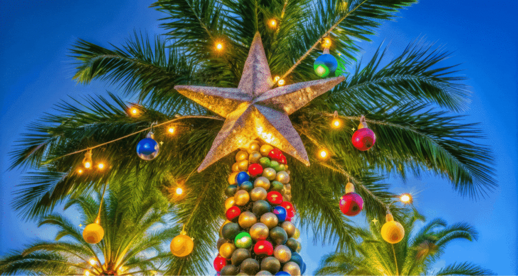 A festive palm tree decorated with lights and ornaments representing a season of celebration during the holidays