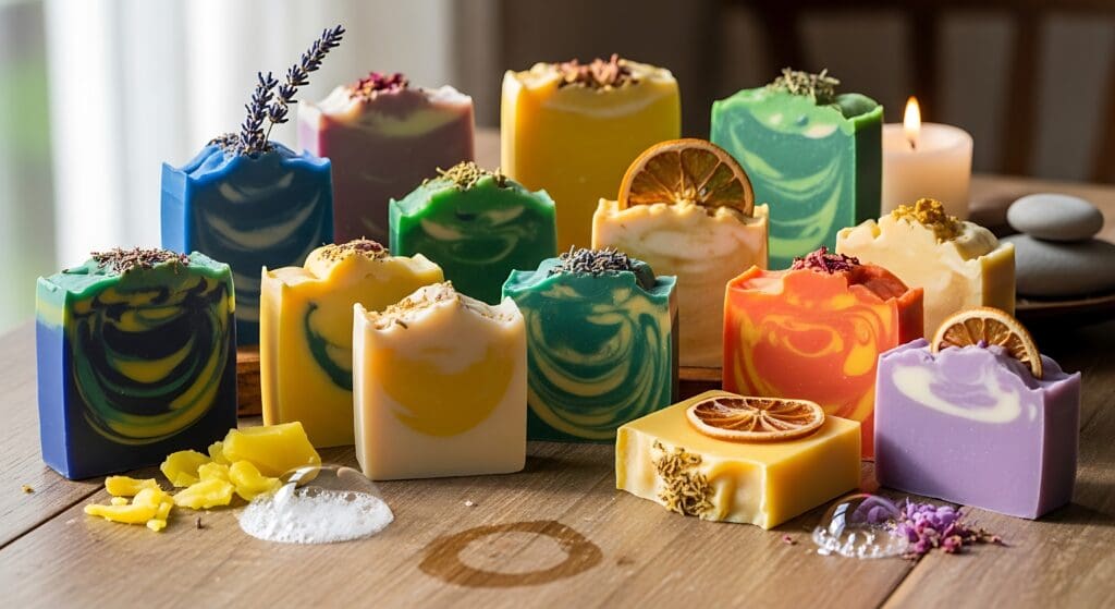 Handmade artisan soaps displayed on a wooden table as an example of sustainable holiday marketing and eco conscious gifting options.