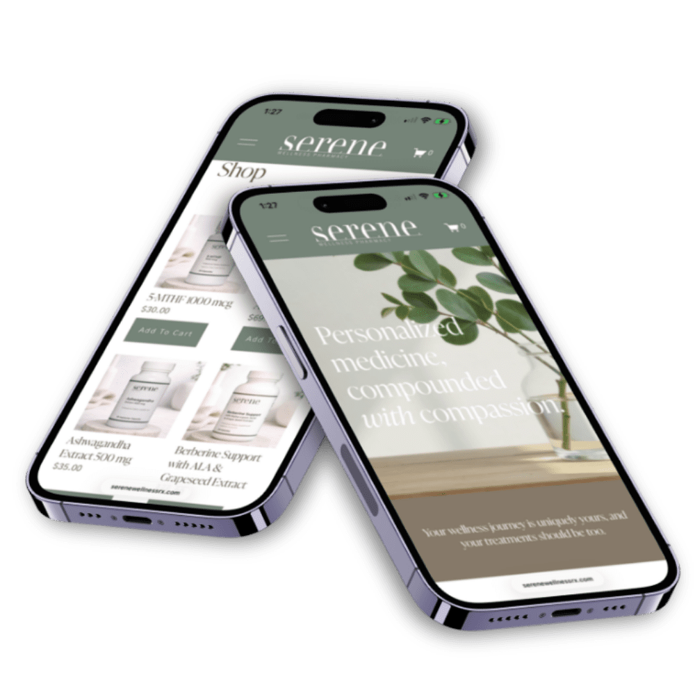 Two phones laying on top of each other, showing the mobile design for Serene Wellness Pharmacy's website