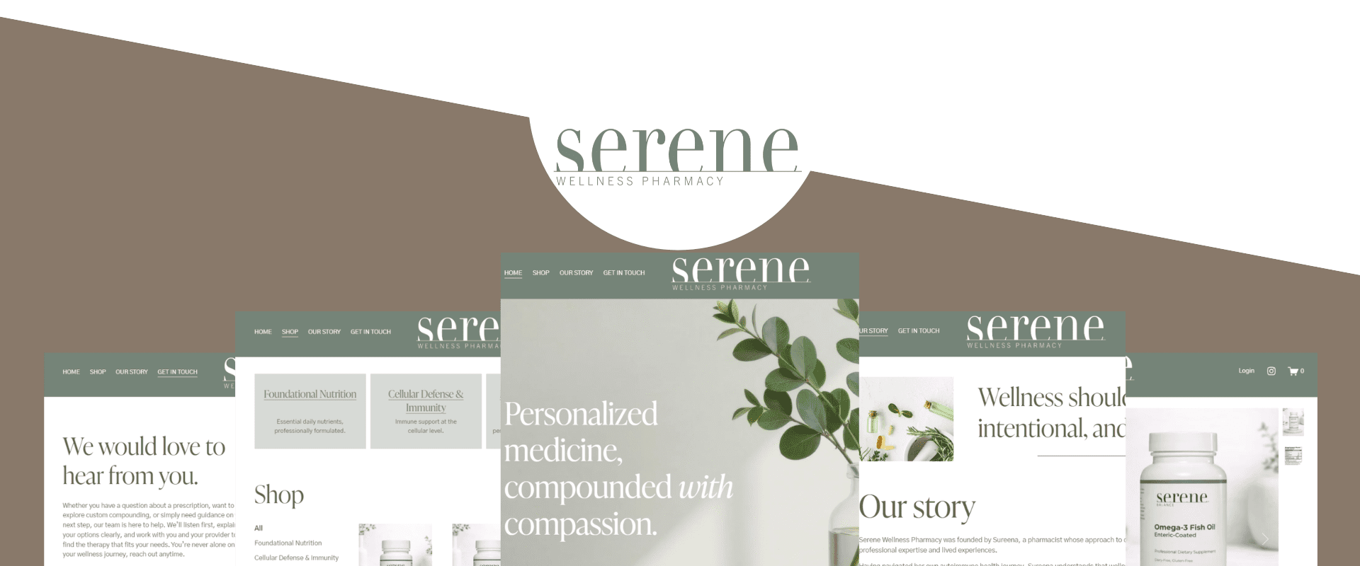Serene Wellness Pharmacy website, showing multiple screenshots of the creative design of the website