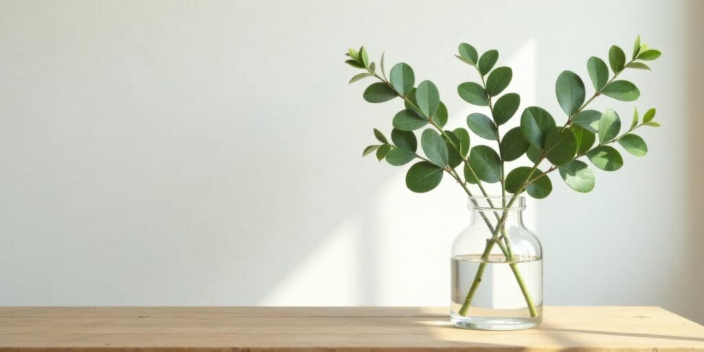 Photo of a green leafy plant in a clear vase filled with water sitting on top of a wood table with a off-white wall as a back drop