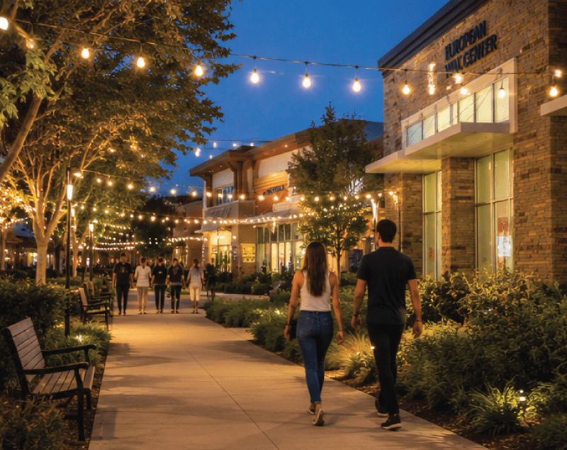 Market Research Photo of a couple walking down the decorated sidewalk at Pleasanton Gateway shopping center