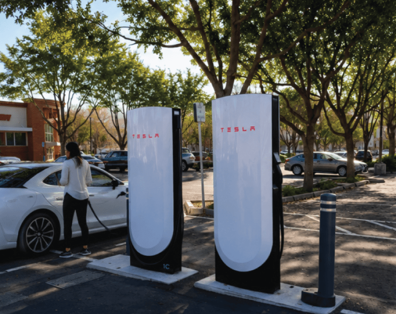 Market Research Photo of the Tesla superchargers located at the Pleasanton Gateway shopping center