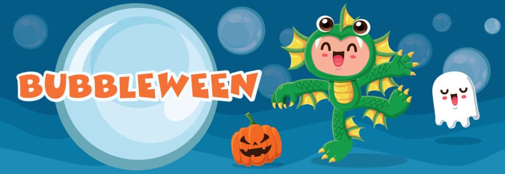 Summerween Marketing: Pumpkin Spice and Why Everyone Is Ready for Fall Again Bubbleween campaign artwork featuring a child in a dragon costume, a friendly ghost and a jack-o’-lantern.